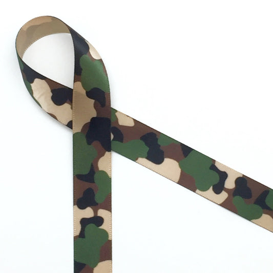 Camouflage print in green and tan on tan single face satin ribbon, 10 yards
