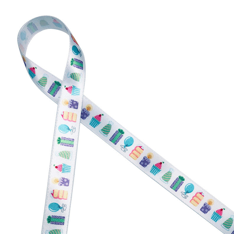 Birthday party elements with cake, cupcakes, party hats and wrapped gifts has all you need to start the party! This adorable ribbon is perfect for gift wrap, party favors, party decor, hair bows for the birthday girl and more! All our ribbon is designed and printed in the USA