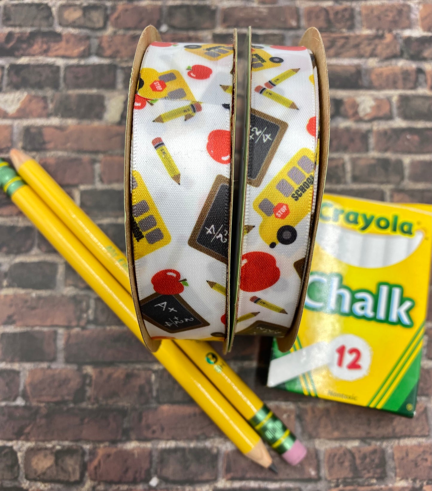 Back to School Ribbon  with chalkboards, pencils, apples and busses printed on 5/8" and 7/8" white satin