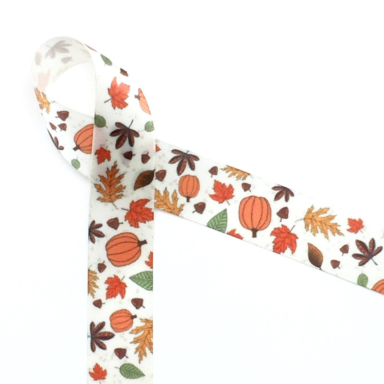 Fall Leaves and pumpkins on 7/8" Antique white single face satin ribbon