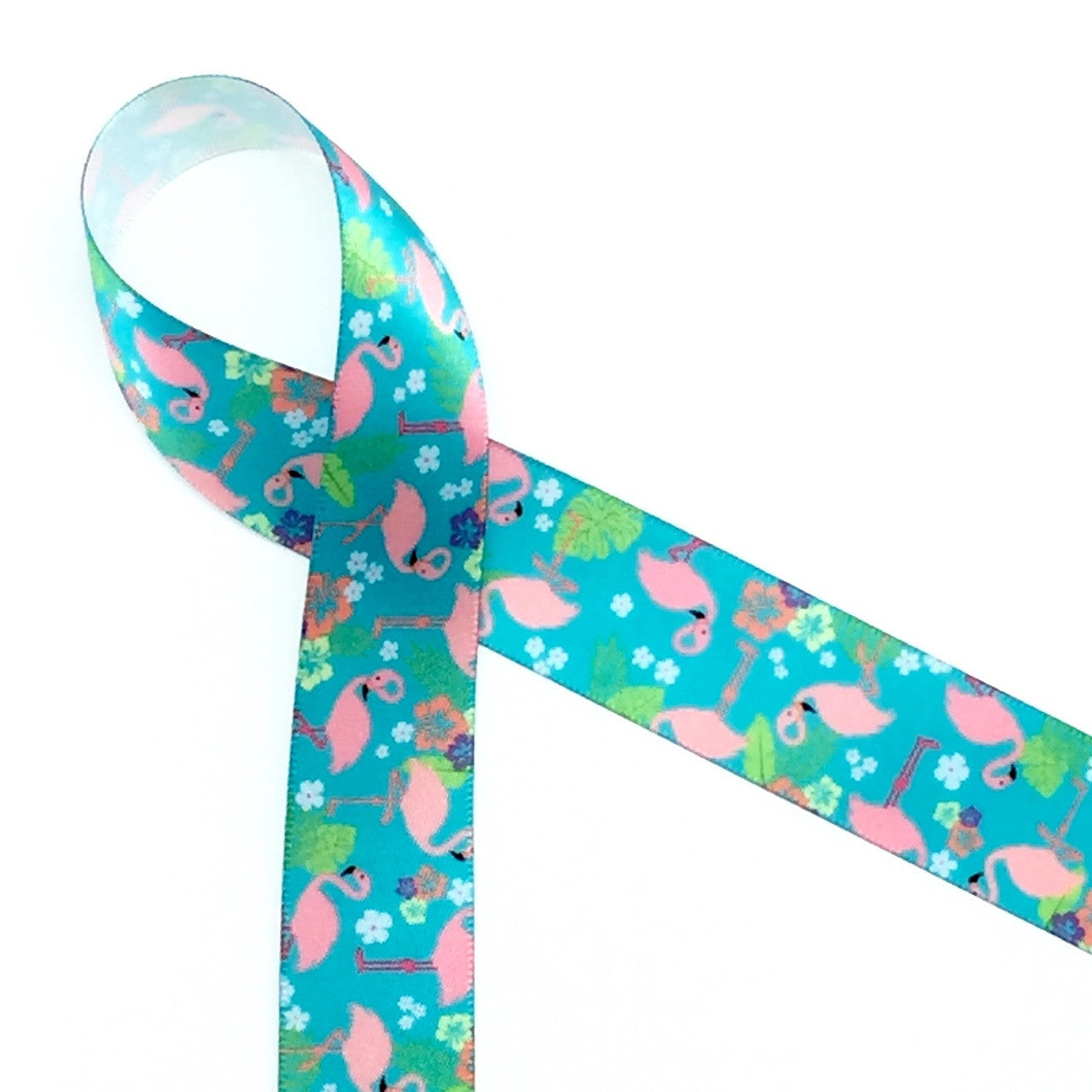 Flamingos in pink with green ferns and white flowers are ready for the party on 7/8" white single face satin ribbon, 10 yards