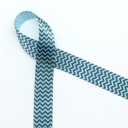 Micro Mini chevron in gray on light blue 5/8" single face satin ribbon