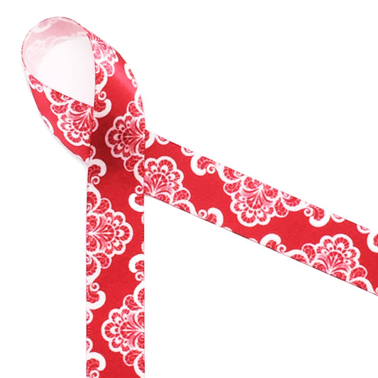 White lace on a red background printed on 5/8" white single face satin will add a romantic touch to all your Valentine sweets!