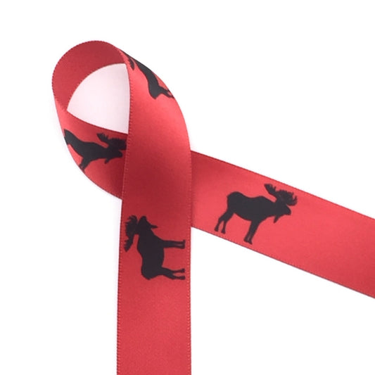 Moose in black silhouette on 7/8" red single face satin ribbon, 10 yards