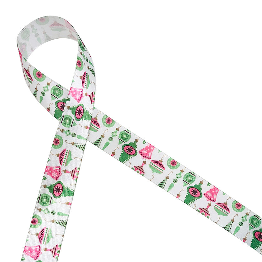 Vintage ornaments in pink and green printed on 7/8" white single face satin ribbon is an ideal ribbon for gifts, wreaths, trees, floral arrangements and Christmas crafts! Make the Christmas table beautiful in pastels with this old fashioned design. All our ribbon is designed and printed in the USA