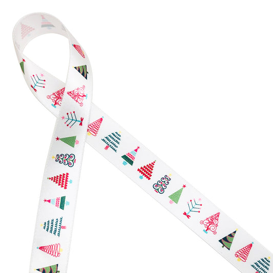 Whimsical Christmas trees featuring lines, curly cues, dots, and bows in shades of red and green printed in 7/8" white single face satin ribbon is perfect for decorating with a modern twist on tradition! This is an ideal ribbon for gift wrap, wreaths, floral design, Christmas crafts and more!  Our ribbon is designed and printed in the USA