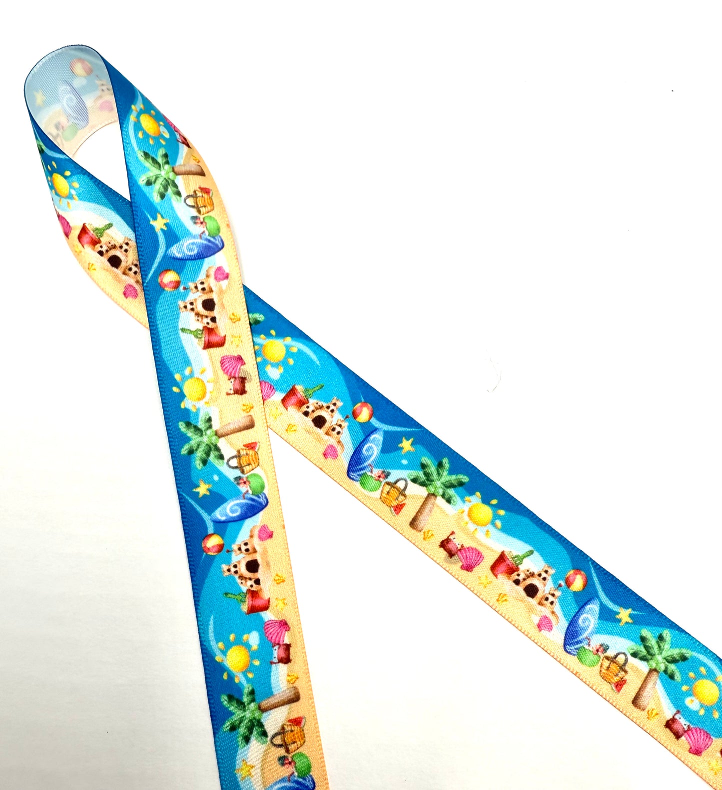Beach Ribbon with sand castles, surf boards, sand pails, Palm trees and beach bags printed on 7/8" and 1.5" White single face satin