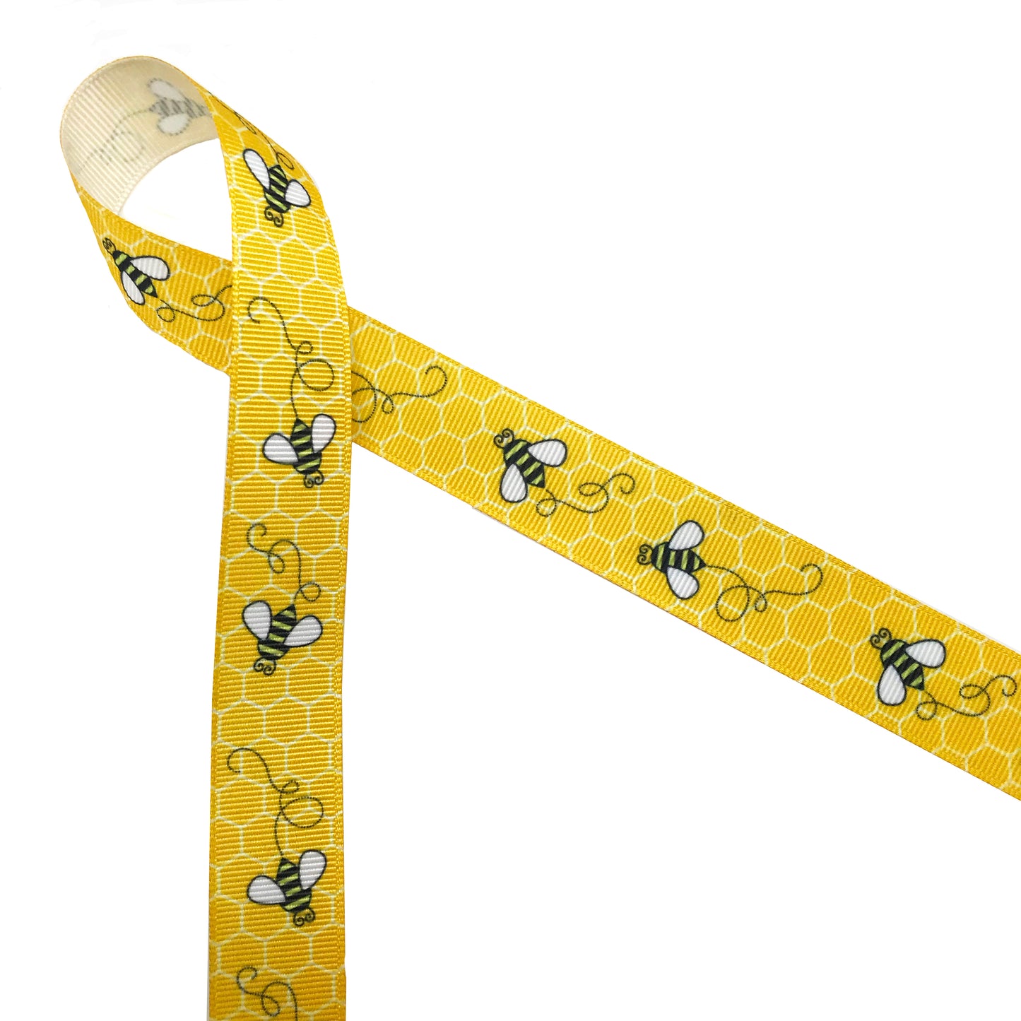 Buzzing Bees Ribbon with a yellow comb printed on 5/8", 7/8" and 1.5"  white grosgrain