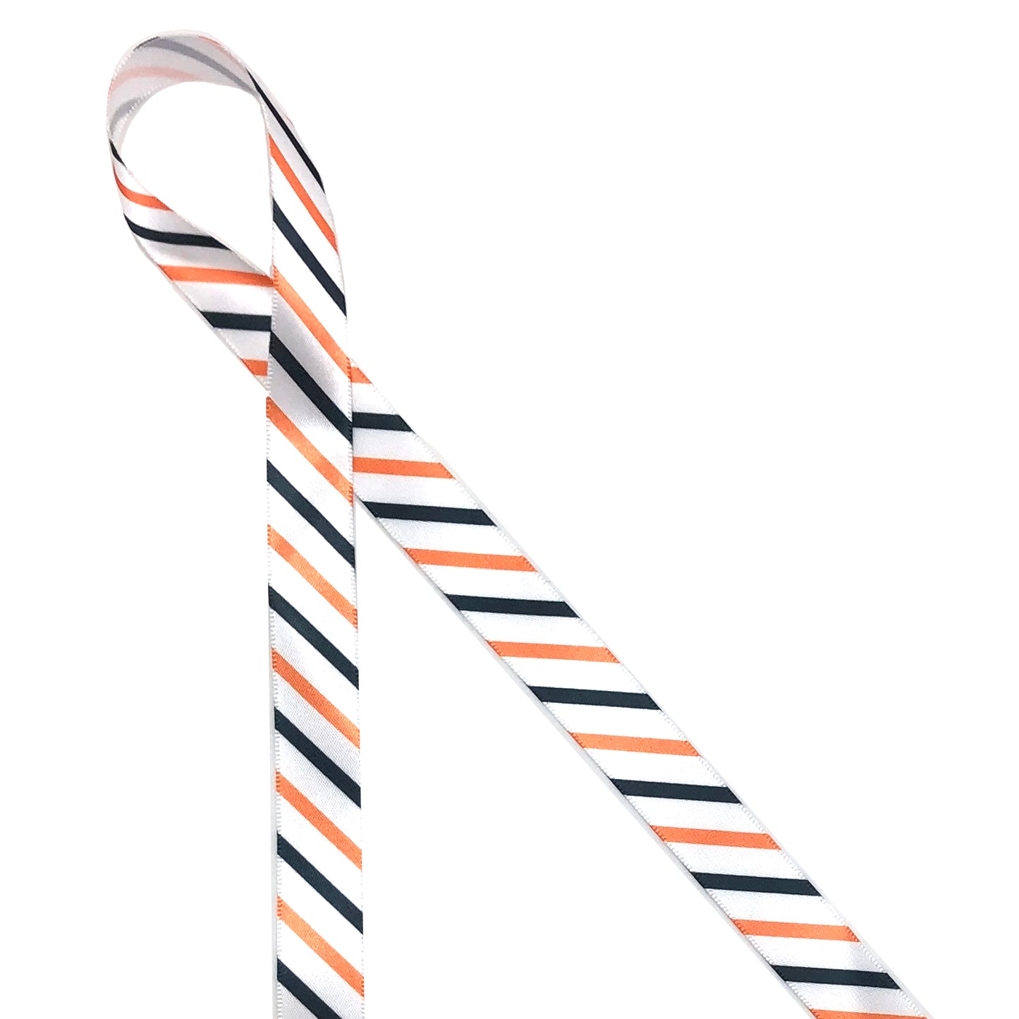 Halloween striped ribbon in orange, black and white printed on 5/8", 7/8" and 1.5" white single face satin