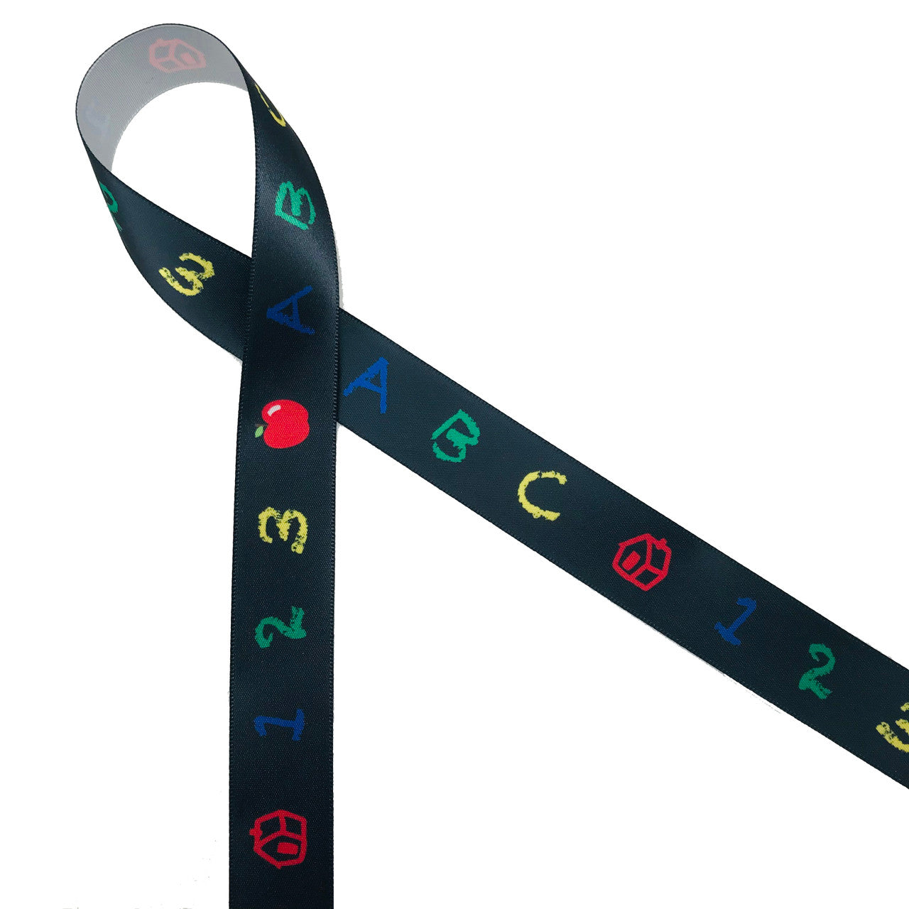 ABC's and 123's Ribbon in Primary Colors on a black background printed on 5/8" and 7/8"  white satin