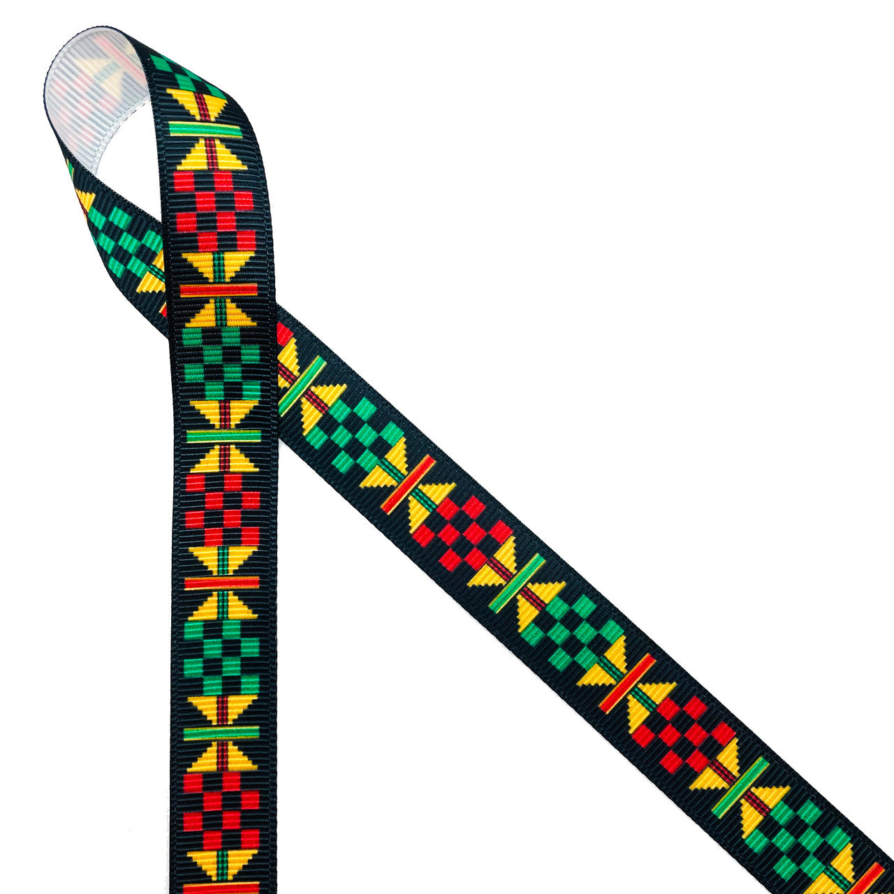 Ankara Kente African design in traditional colors of yellow, green, red and black printed on 5/8" white grosgrain ribbon is an ideal ribbon for hair bows, headbands, sewing projects, crafts and festivals. All our ribbons are designed and printed in the USA