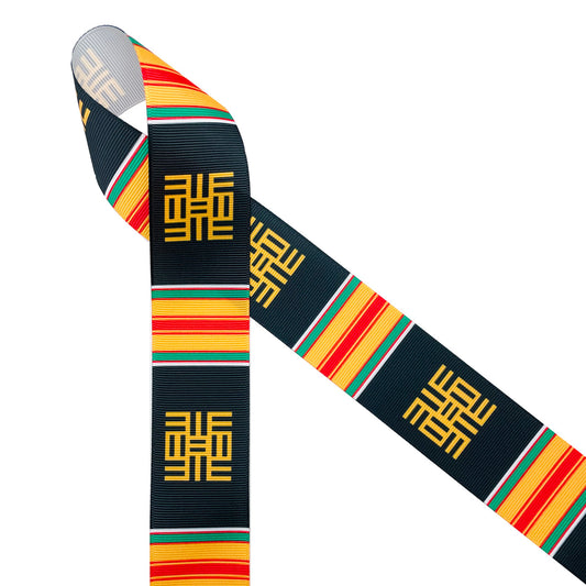 African Kente  scroll design ribbon in black, yellow, green, and red printed on 1.5" white grosgrain ribbon is  the ideal ribbon for graduation ceremonies, gifts and celebrations. This is a perfect ribbon for headbands, crafts and quilting too. All our ribbon is designed and printed in the USA