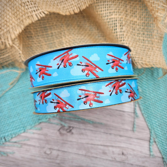 Airplane Ribbon red airplanes on a blue background with clouds on white 5/8"satin and 7/8" grosgrain