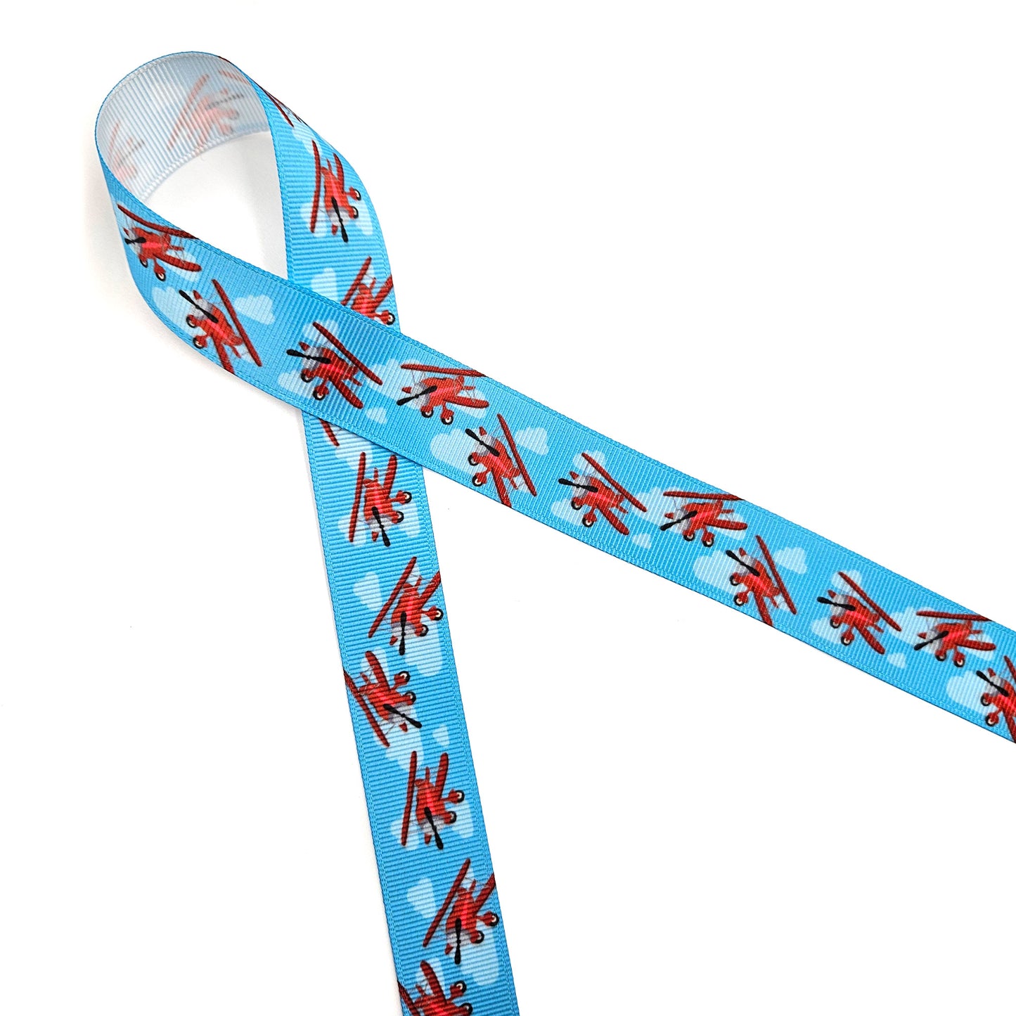 Airplane Ribbon red airplanes on a blue background with clouds on white 5/8"satin and 7/8" grosgrain