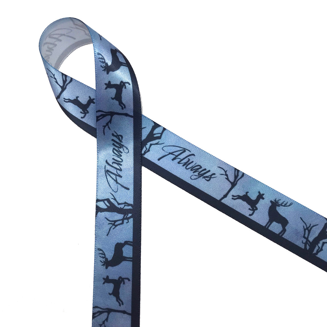 Always ribbon with doe, buck and tree in black silhouette on a blue background This is the ideal ribbon for any Wizard themed wedding party or event! Our ribbon is designed and printed in the USA