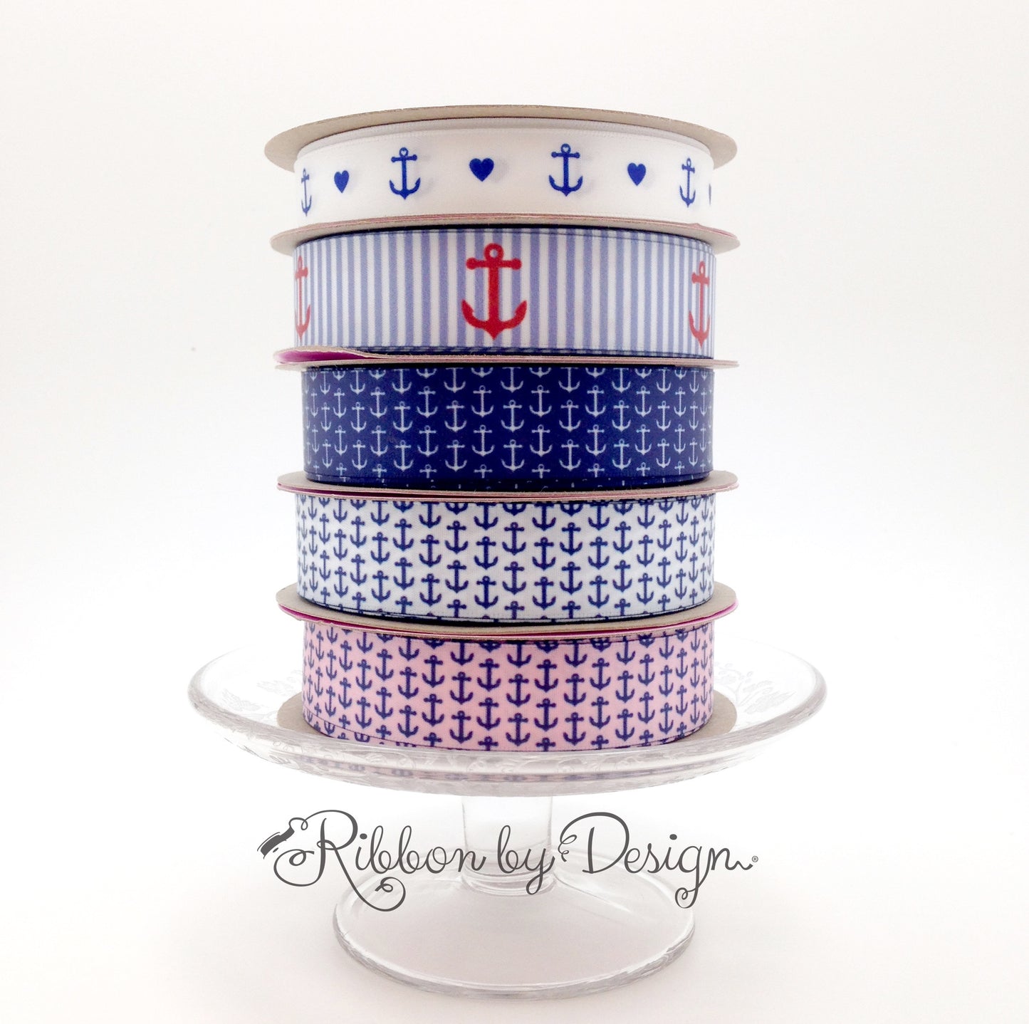 Mini Anchors Ribbon Navy Blue on 7/8" White Single Face Satin Ribbon