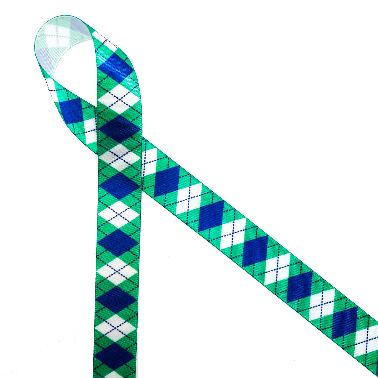 Blue and green argyle on white 5/8" single face satin ribbon.