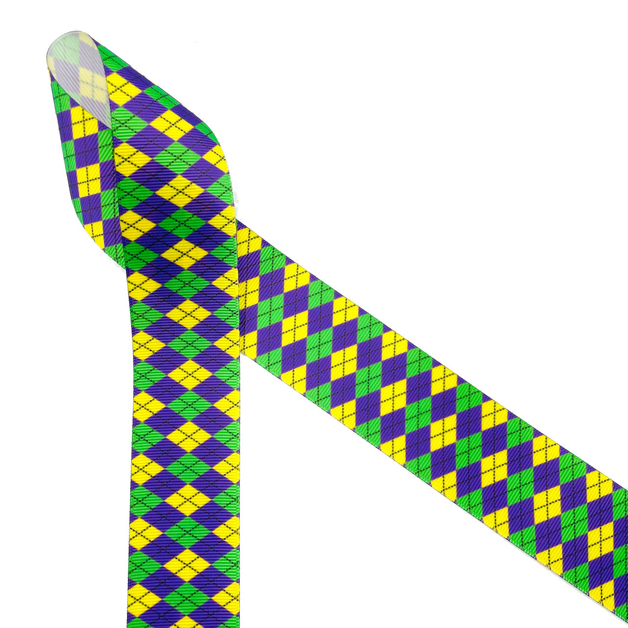 Mardi Gras themed argyle ribbon in yellow, purple and green printed on 1.5" white grosgrain ribbon is ideal for celebrating Mardi Gras is so many ways! This ribbon is perfect for gift wrapping those King Cakes, gift baskets, party decor, floral design, and table scapes. Use this ribbon for Mardi Gras themed crafts, wreath making, sewing and quilting projects too. All our ribbon is designed and printed in the USA