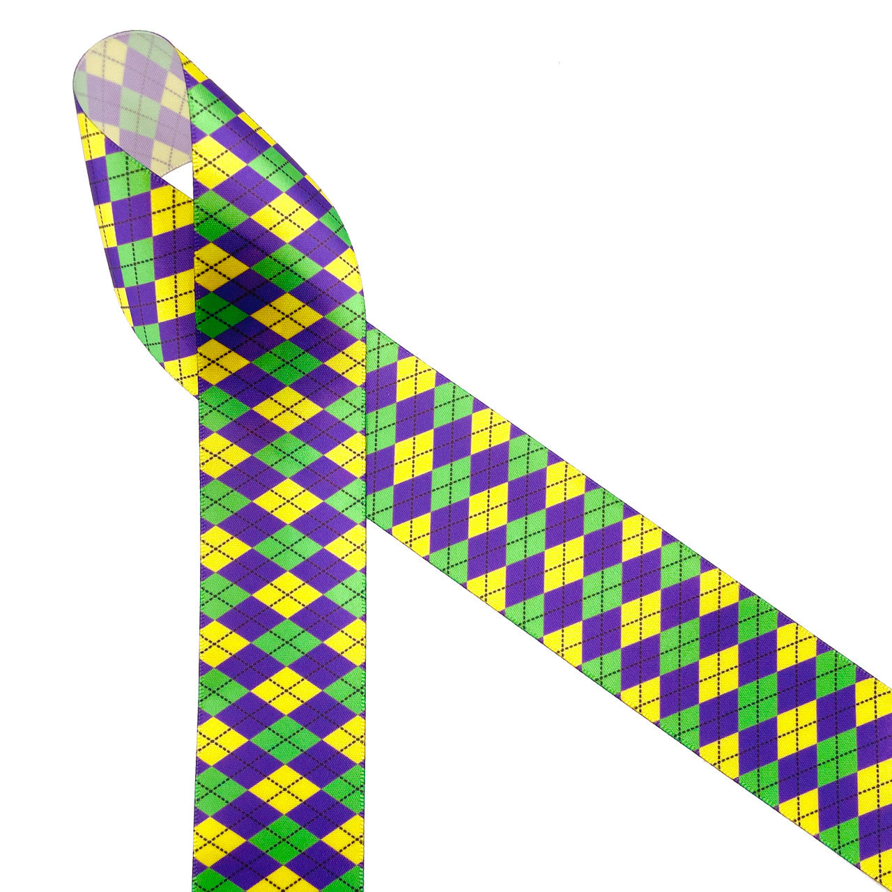 Mardi Gras themed argyle ribbon in yellow, purple and green printed on 1.5" white single face satin ribbon is ideal for celebrating Mardi Gras is so many ways! This ribbon is perfect for gift wrapping those King Cakes, gift baskets, party decor, floral design, and table scapes. Use this ribbon for Mardi Gras themed crafts, wreath making, sewing and quilting projects too. All our ribbon is designed and printed in the USA