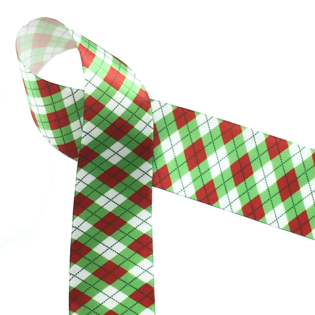 Christmas argyle in red and green on 1.5" white single face satin ribbon, 10 Yards
