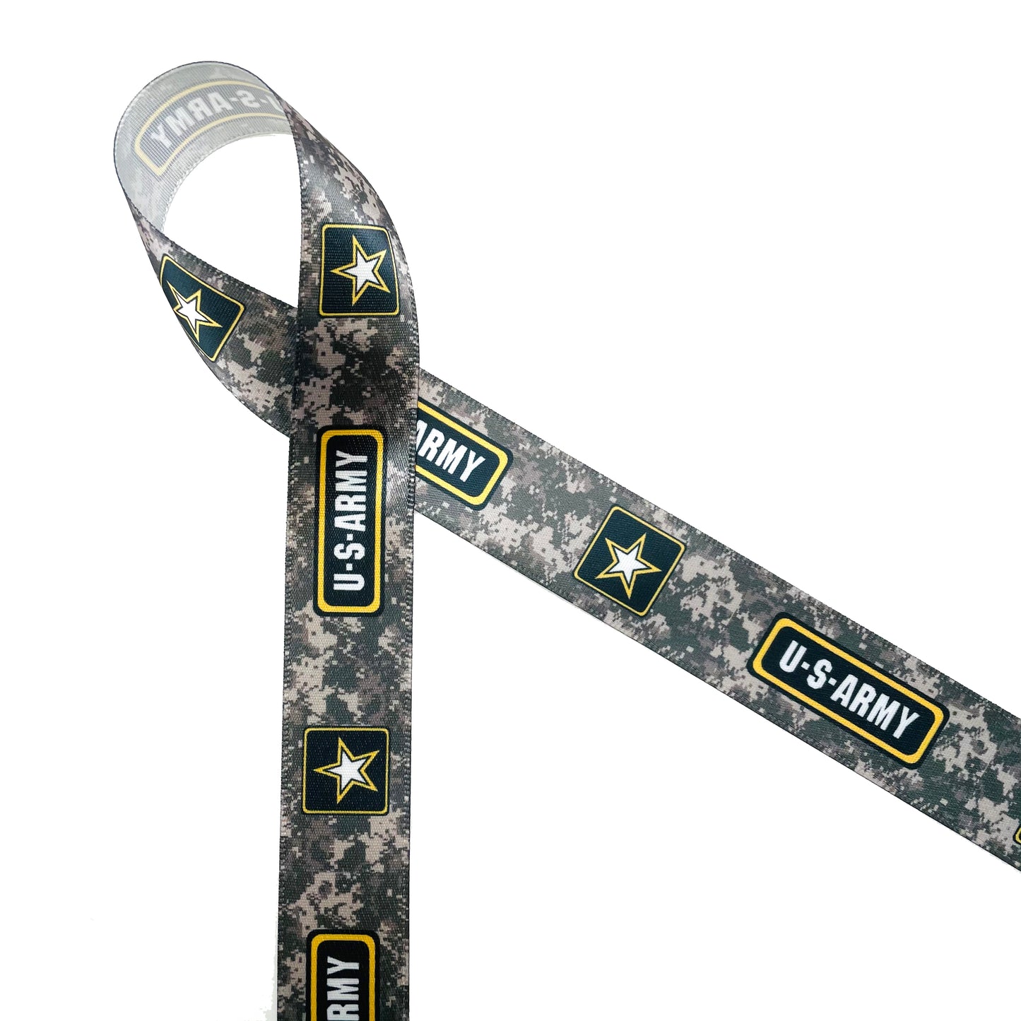 Army Logo Ribbon on Camouflage Background 5/8" and 7/8'  Single Face Satin,