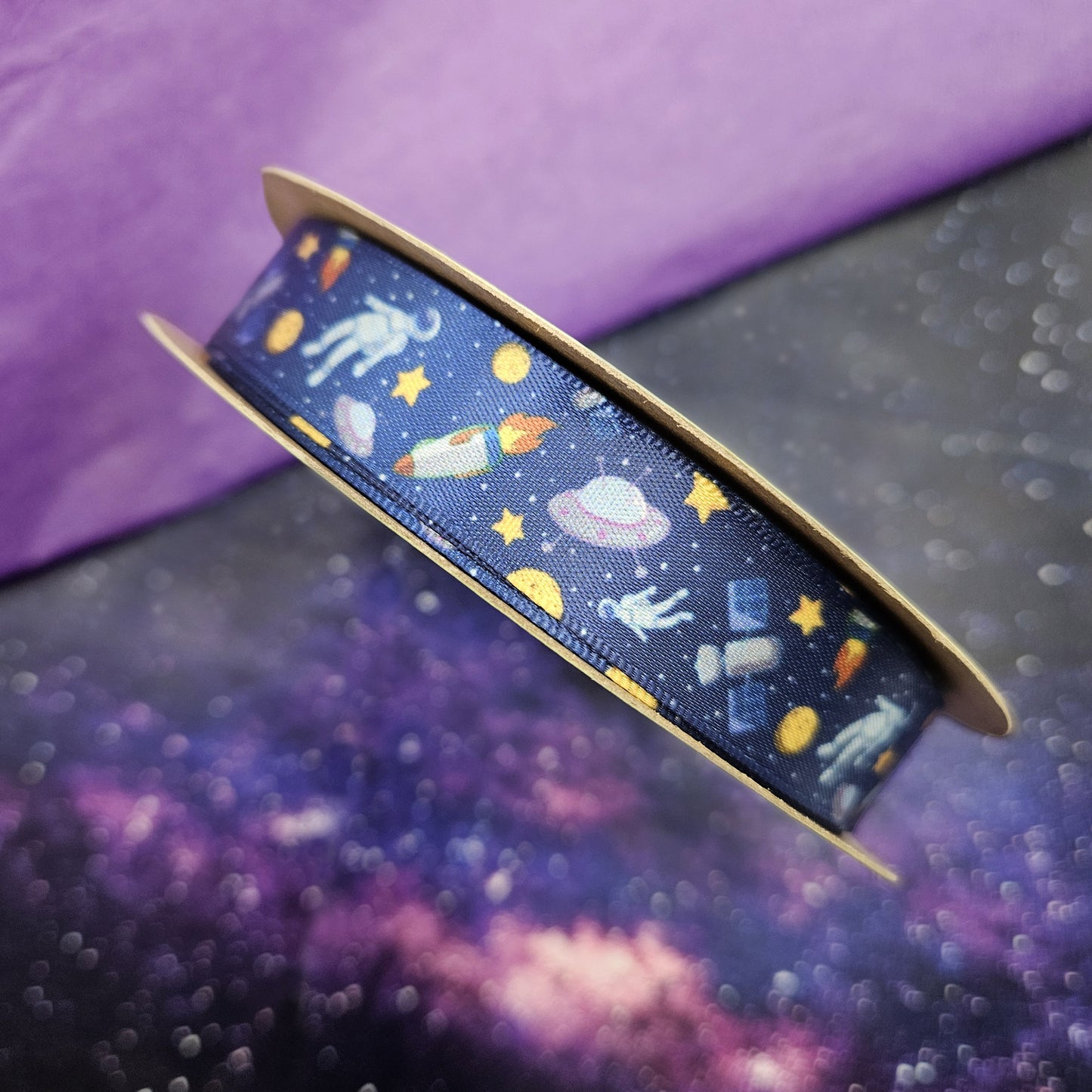 Astronaut Ribbon with stars, planets and rockets ideal for birthday parties, party favors, crafts and sewing printed on 5/8" satin