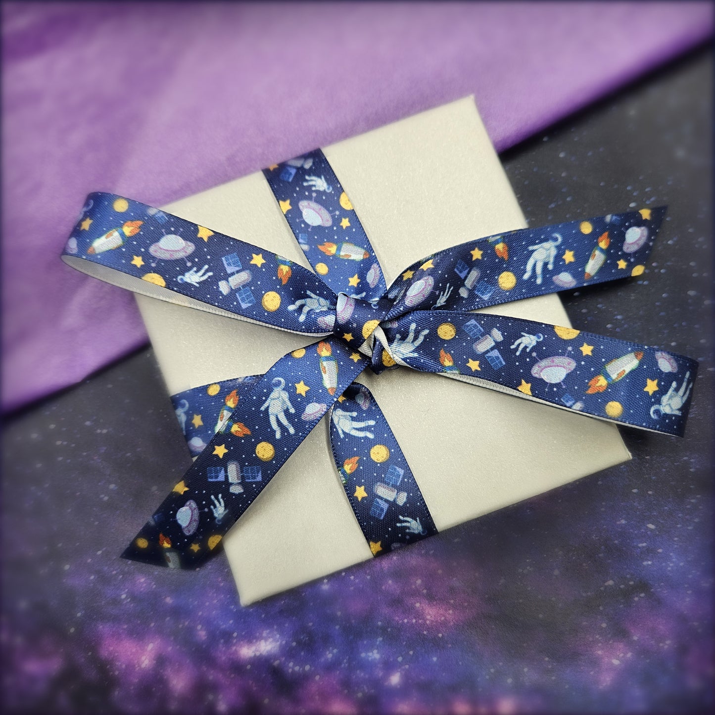 Astronaut Ribbon with stars, planets and rockets ideal for birthday parties, party favors, crafts and sewing printed on 5/8" satin