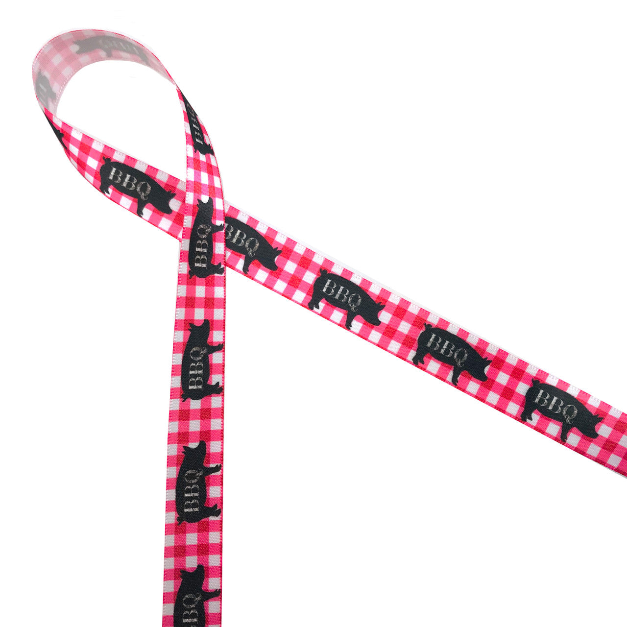 Barbecue ribbon with a pig and letters BBQ and a red gingham background ...