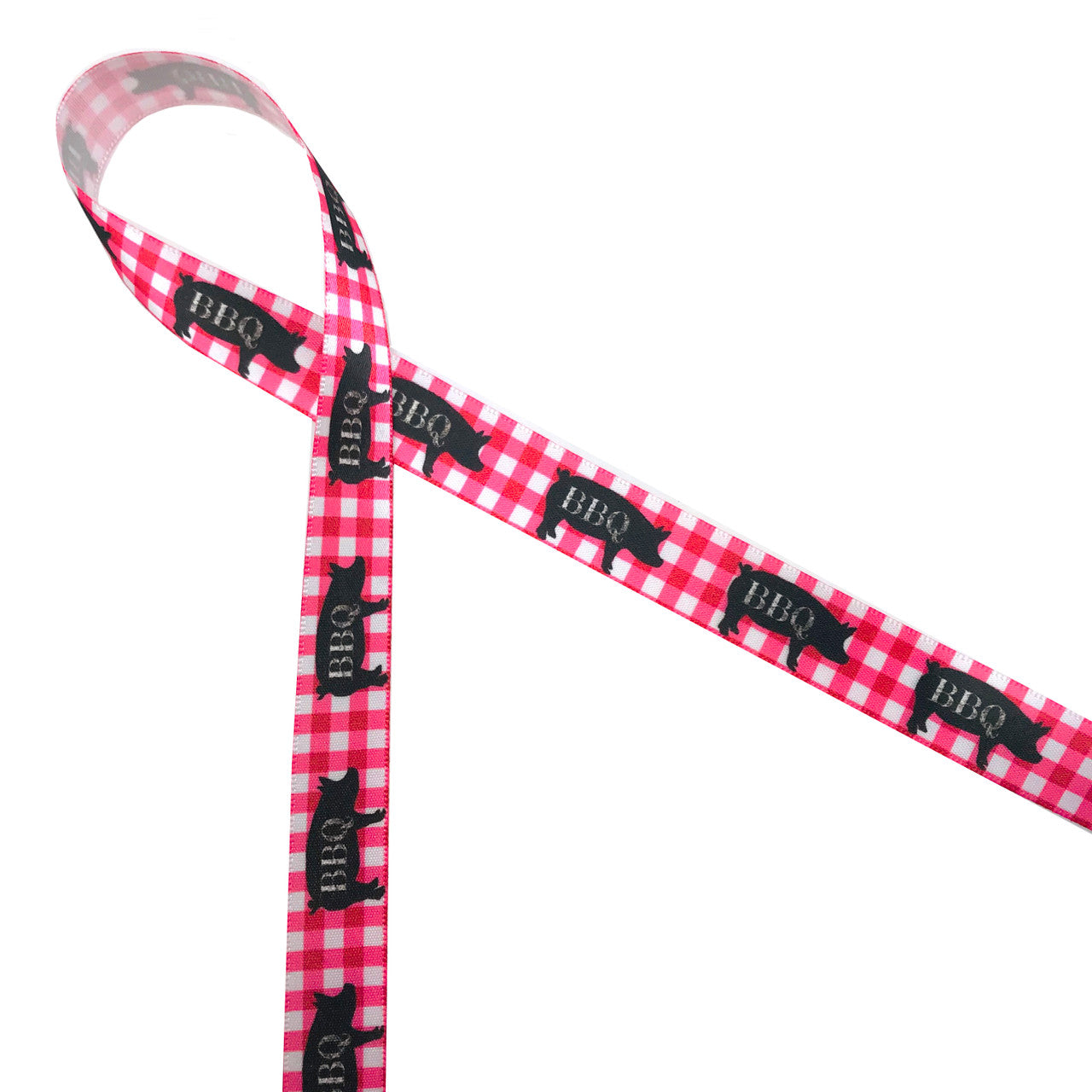 Barbecue ribbon featuring the silhouette of a pig in black with the letters BBQ cut out of his belly on red and white gingham background printed on 5/8" white single face satin ribbon. What an ideal ribbon for a barbecue themed party!