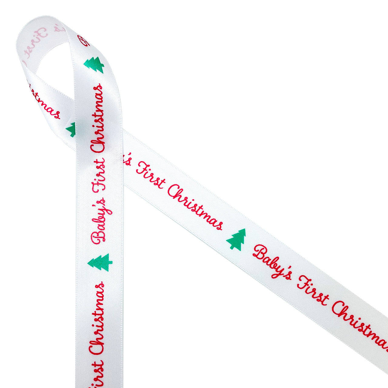 Baby's first Christmas ribbon in red with a green Christmas tree printed on 5/8" white single face satin is perfect for Baby's first special celebration. This is the perfect ribbon for gift wrap, gift bags, tree trimming, tree ornaments, Christmas crafts, sewing and quilting projects. All our ribbon is designed and printed in the USA