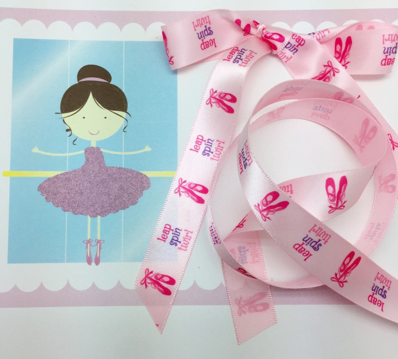 Ballet themed ribbon with slippers and leap, spin, twirl expressed on 5 ...