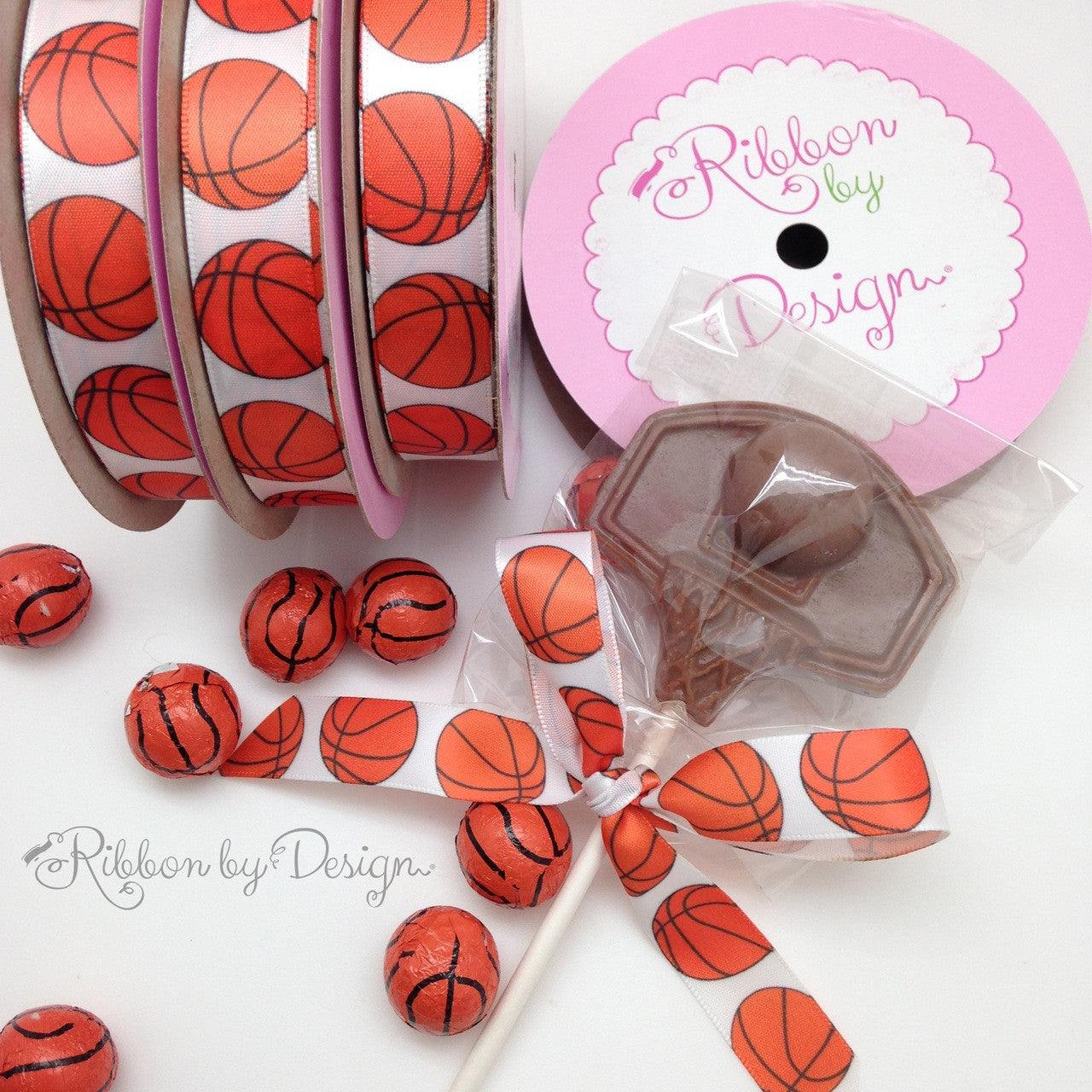 This chocolate basketball favor is tied with our basketball ribbon for a year end banquet at a local high school!