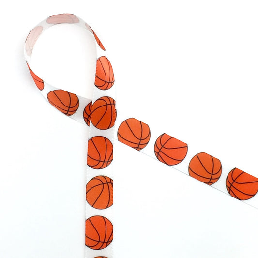 Basketballs bouncing along on a  5/8" white single face satin makes an ideal tie for your basketball or sports themed party!