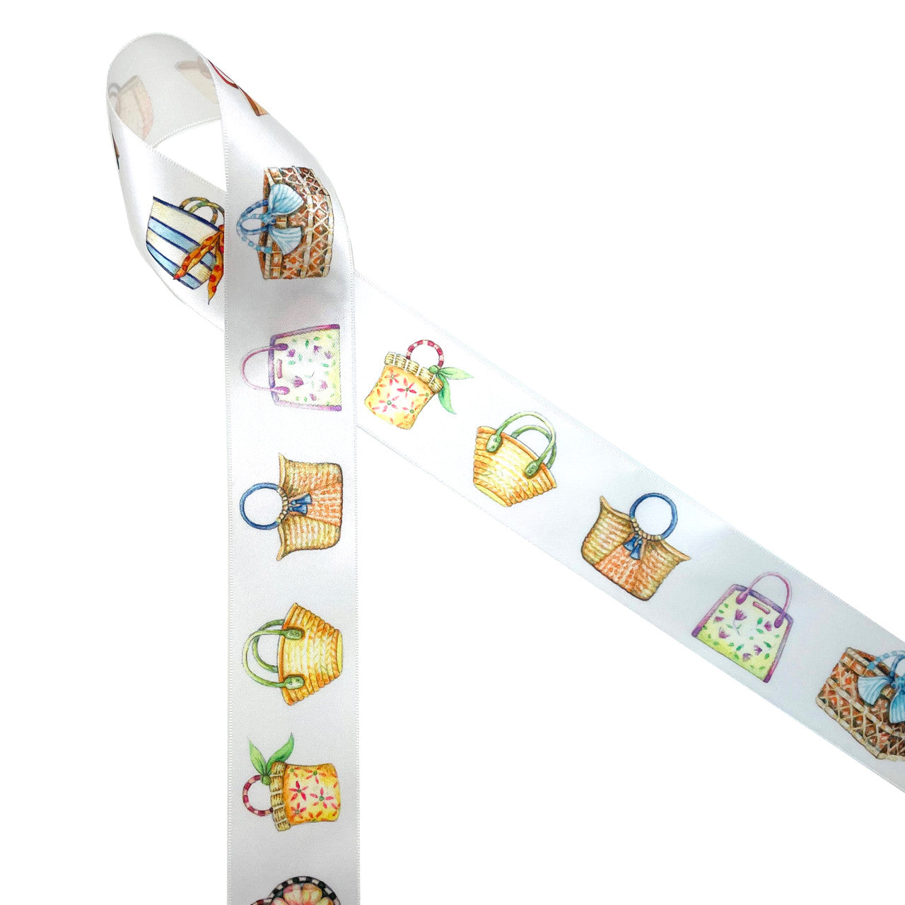 Beautiful watercolor beach bags each one unique and colorful line up on 1.5" white single face satin ribbon ideal for gift wrap wedding decor, bridal showers and Summer gifting! Use this gorgeous ribbon for quilting and sewing projects too! All our ribbon is designed and printed in the USA