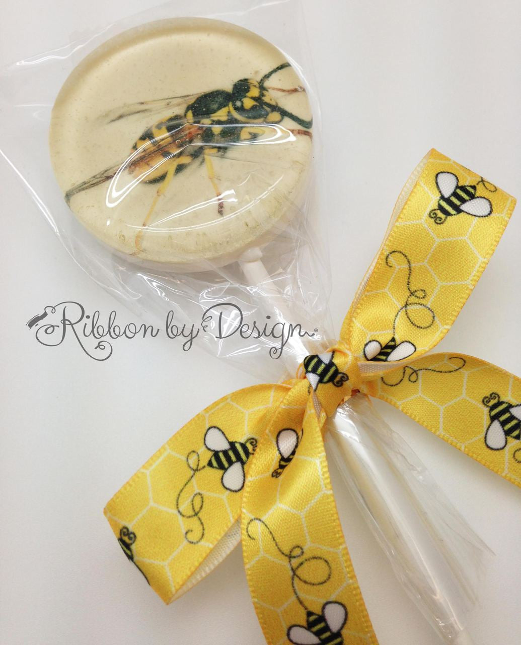 Buzzing Bees Ribbon with a yellow comb background on 5/8 White Single Face  Satin