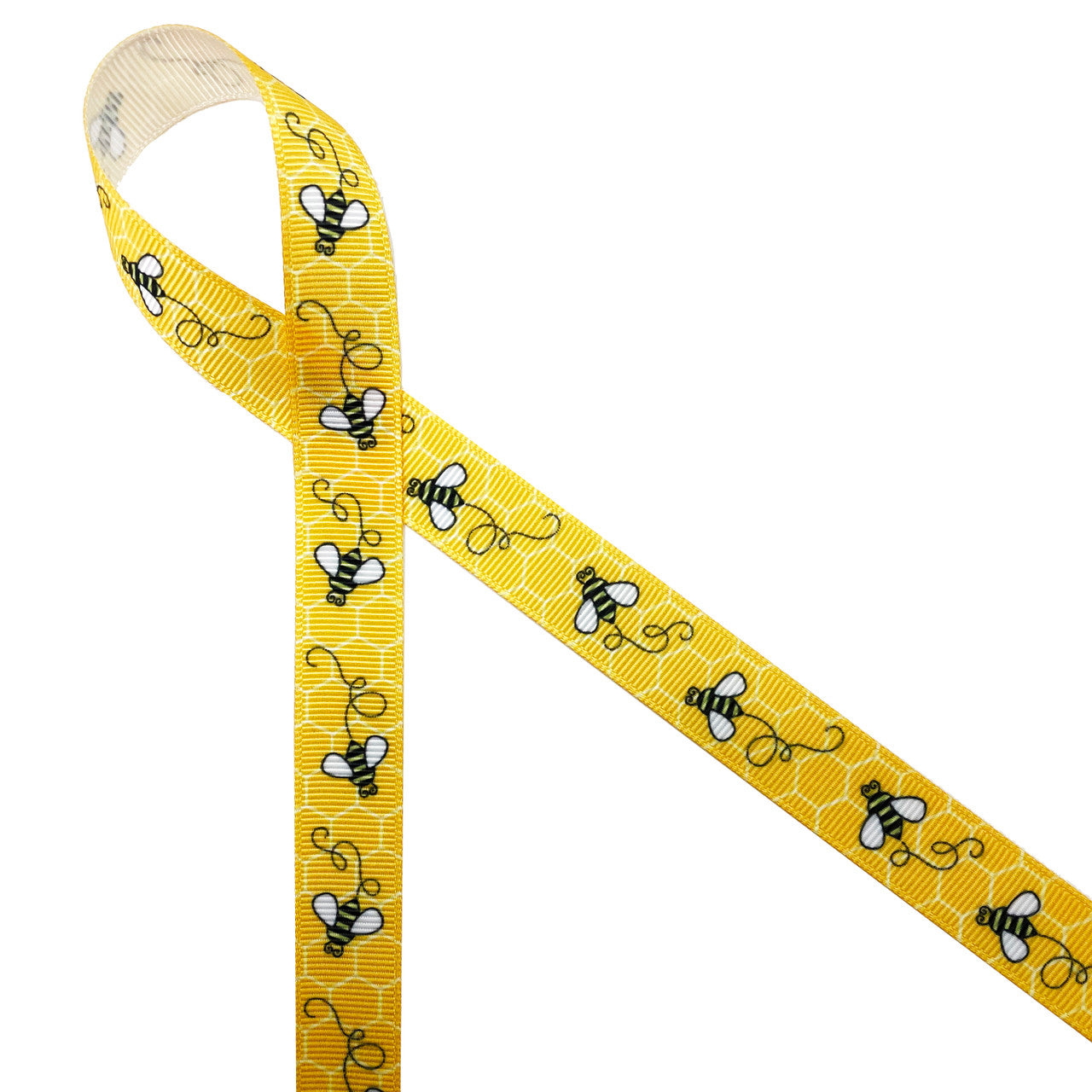 Buzzing bees in black and white on a yellow honeycomb background printed on 5/8" white grosgrain ribbon. This is an ideal ribbon for hair bows, head bands, hat bands and crafts. Use this ribbon for gifts with an apiary theme like honey, bees wax hand creams and lotions and bees wax candles! All our ribbon is designed and printed in the USA