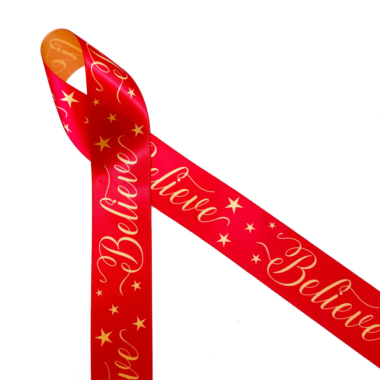 Believe in the wonder and magic of the Holiday season. Believe in gold script with gold stars on a red background printed on 1.5" yellow gold ribbon is a reflection of the Holiday spirit. This gorgeous ribbon is ideal for gift wrap, gift baskets, Holiday decor, tree trimming, wreath making, floral design, Holiday crafts, sewing and quilting projects. All our ribbon is designed and printed in the USA