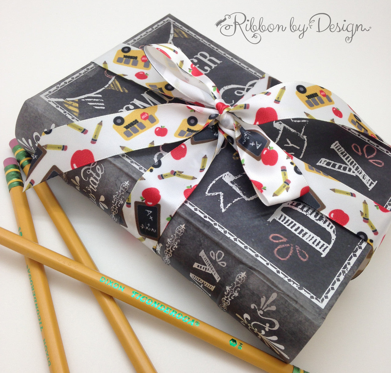 Back to School ribbon decorates a cool chalkboard book box! Fill this little gem with some sweet treats for your sweetest teacher!