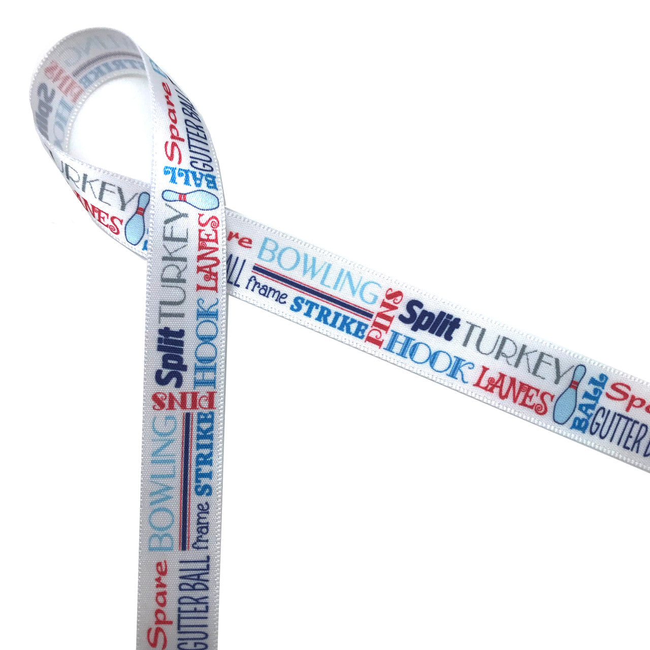 Bowling word block ribbon features all the terms associated with the sport printed in blue, red and gray on 5/8" white single face satin ribbon on 10 yard spools. This is a fun ribbon for parties, birthdays, gift wrap and gift baskets. Use this ribbon on sports themed wreaths, craft projects and quilts. All our ribbon is designed and printed in the SUA