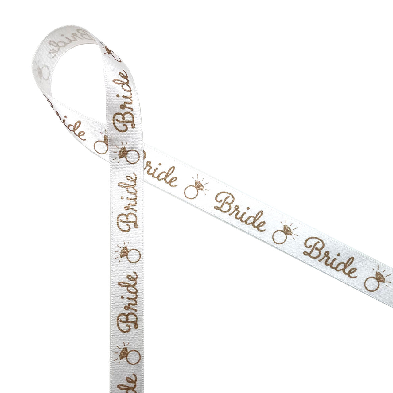 Bride ribbon with an engagement ring printed in gold on 5/8" white single face satin is such a fun ribbon for wedding season, This is an ideal ribbon for bridal shower favors, gift  wrap and wedding gifts! Be sure to have this ribbon on hand  for all things bridal! Our ribbon  is designed and printed in the USA