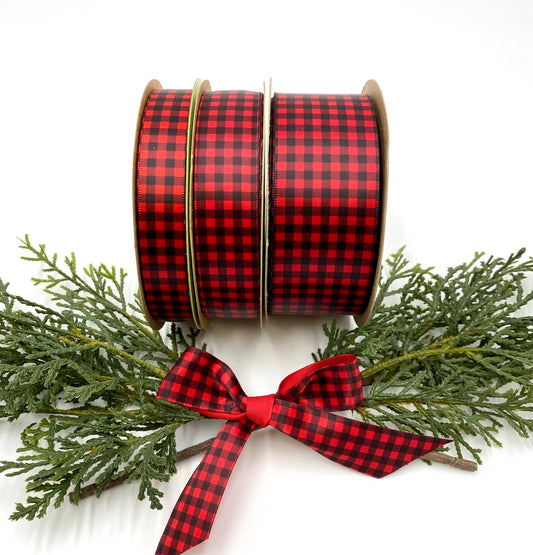 Buffalo Plaid Ribbon in Black and Red on 5/8" 7/8" and 1.5" printed on Red Single Face Satin