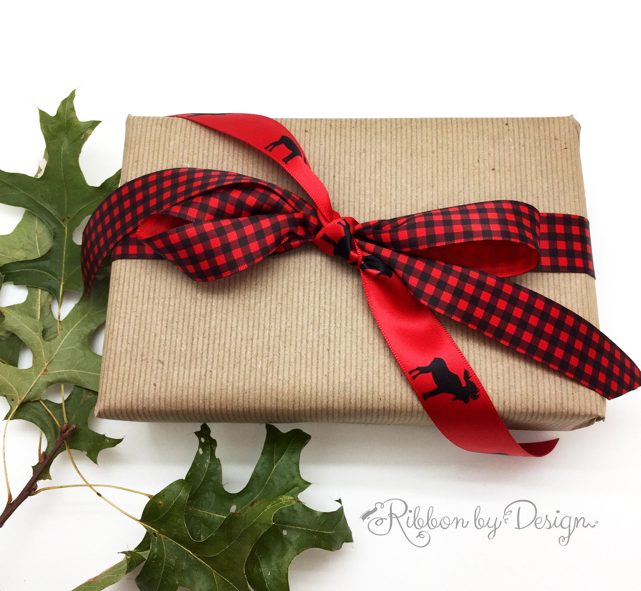 Buffalo Plaid ribbon in black and red on 7/8" red single face satin