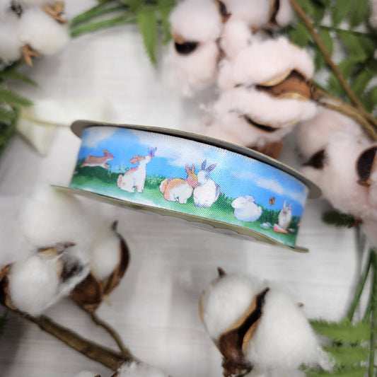 Bunny Ribbon for Easter and Spring printed on 7/8" white single face satin