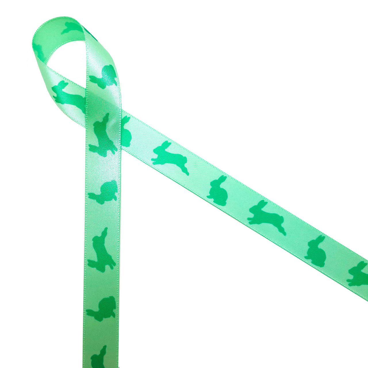 Sweet little green bunnies in silhouette hop along 5/8" mint green single face satin ribbon, 10 yards