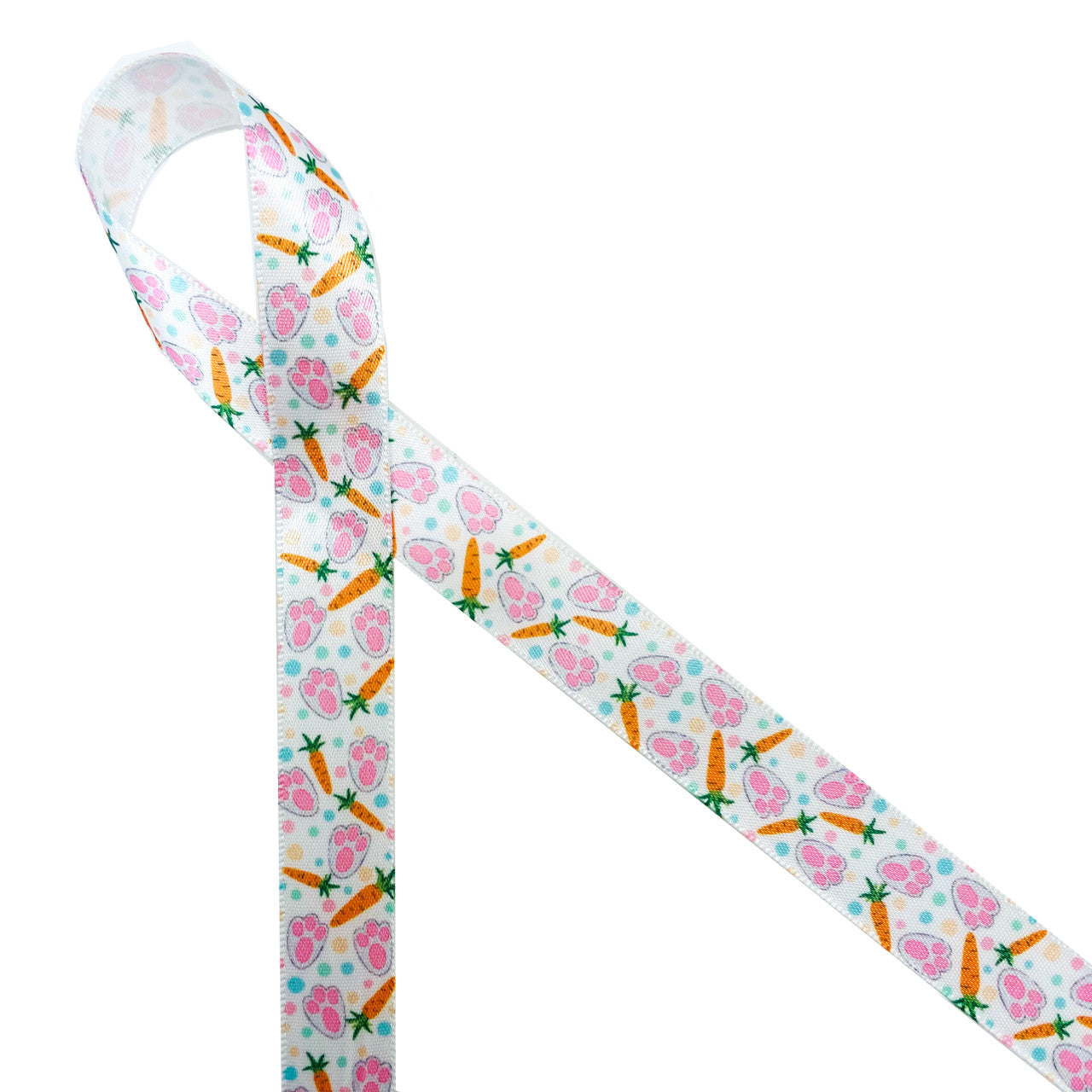 Bunny paw prints and carrots with blue and pink polka dots printed on 5/8" white single face satin ribbon will make the cutest tie ever on your Spring and Easter treats, favors and gifts! Designed and printed in the USA