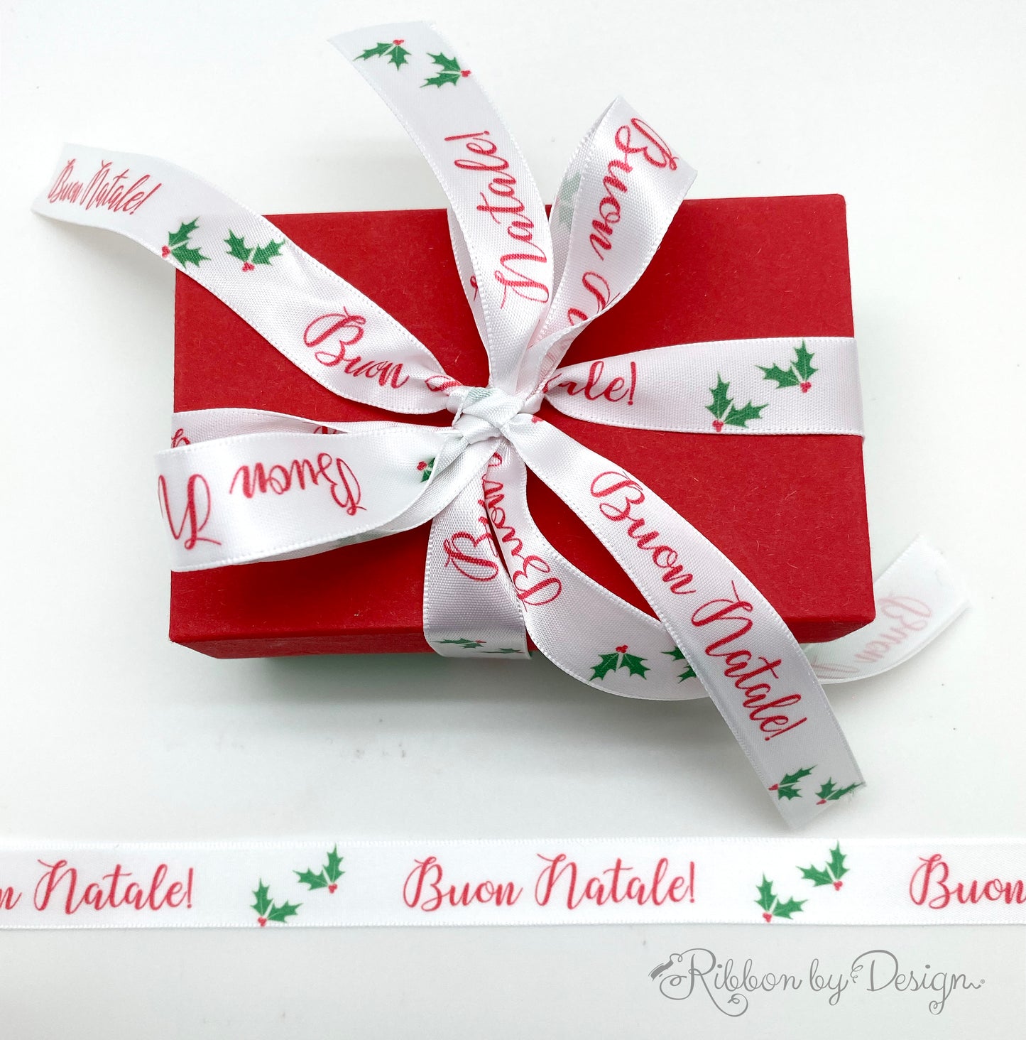 Buon Natale Ribbon with green holly leaves and red berries on 5/8" white single face satin
