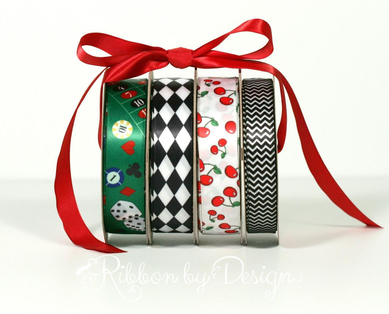 Casino theme ribbon mixes so nicely with our black and white chevron and harlequin along with the cherries!