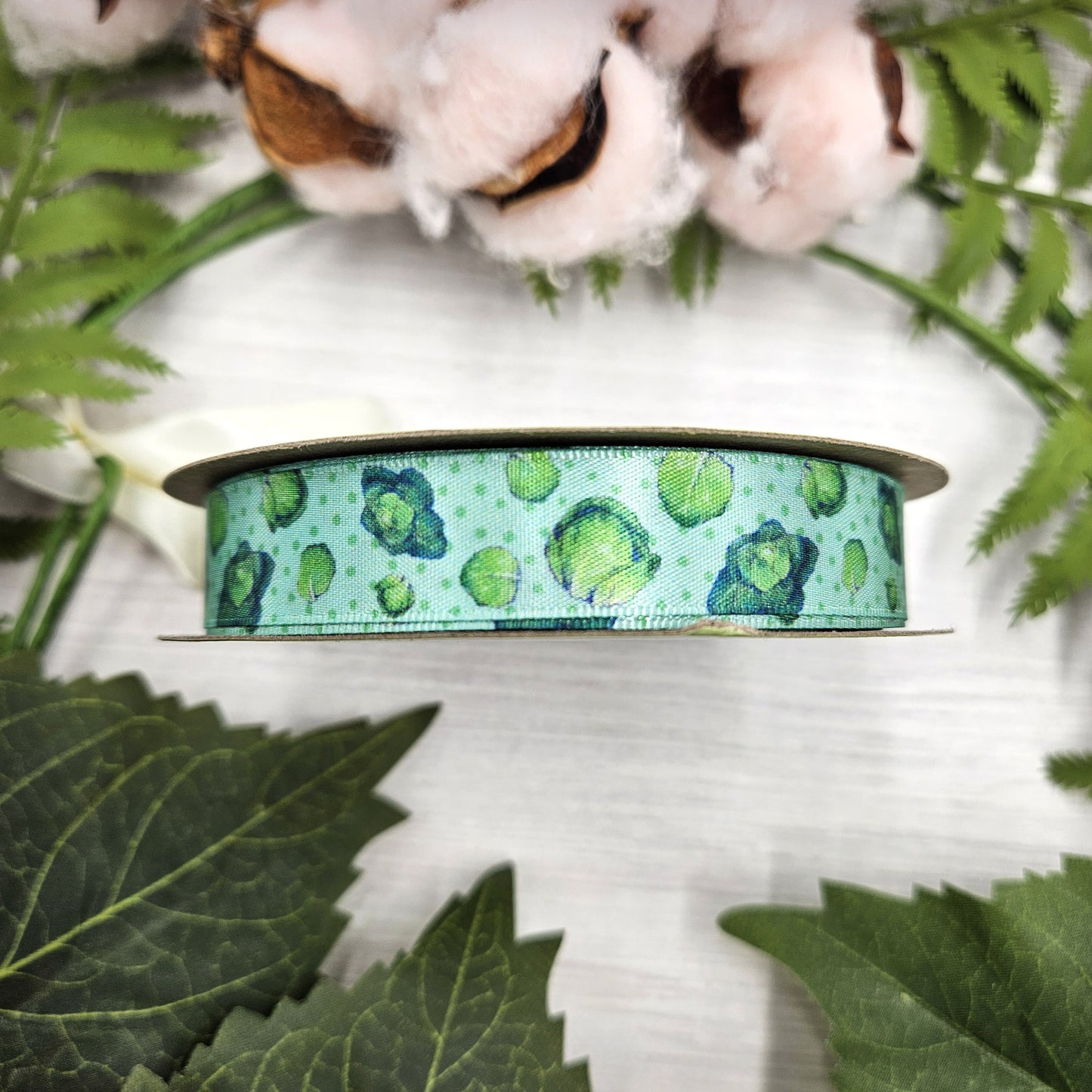 Cabbage Ribbon for Spring crafts, food crafts, gift wrap, gift baskets, sewing and quilting printed on 5/8" white satin
