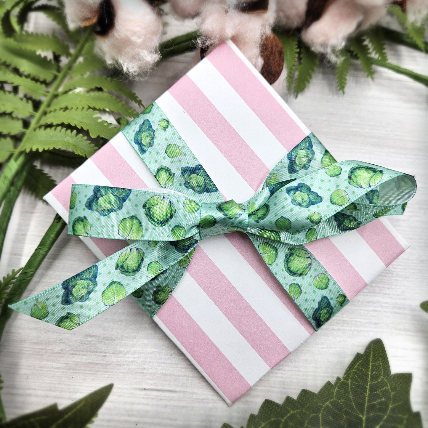 Cabbage Ribbon for Spring crafts, food crafts, gift wrap, gift baskets, sewing and quilting printed on 5/8" white satin