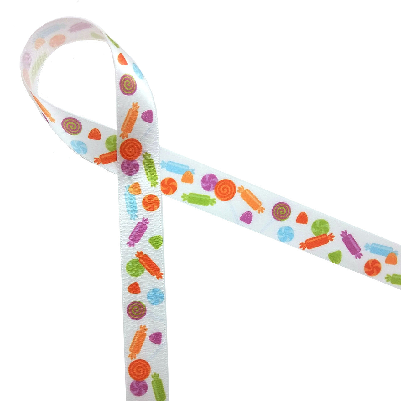 Hard Candies, in red, orange, lilac, and yellow on white satin ribbon